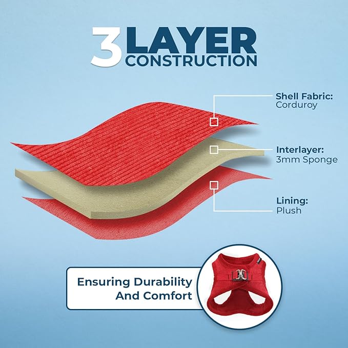 Best Pet Supplies - All Weather Plush, Reflective, No Pull Harness for Small, Medium Dogs, Cats - Secure with Hook & Loop Fastener, Buckle, Double D-Rings - Red Corduroy, XL