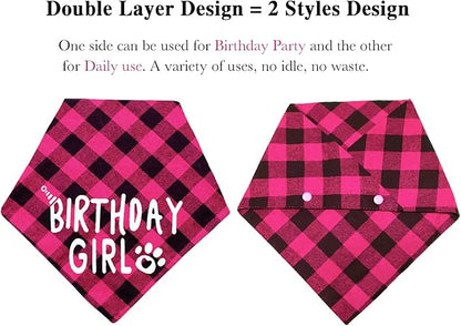 Birthday Plaid Dog Bandana with Button, Fall Dual Layer Scarf Soft Cotton Triangle Bib Girls and Boys Kerchief Adjustable Accessories for Small Medium Large Extra Large Dog Puppy Pet Cat