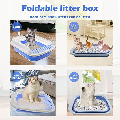 kathson Collapsible Kitten Litter Box,Foldable Anti-Splashing Small Kitty Litter Box Low Entrance Cat Potty Pan with Falling Sand Pedal Waterproof Portable Cat Toilet for Kittens (Blue)