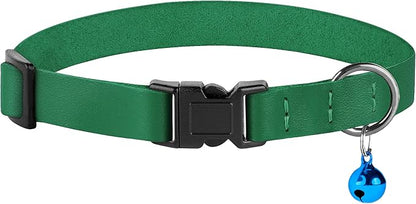 Breakaway Cat Collar with Bell - Leather Adjustable Kitten Collars with Safety Quick Release Buckle - Soft Small Pet Collars for Girl & Boy Cats (Green)