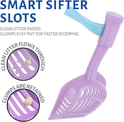 2-in-1 Pooper Scooper with Bag Attachment, Cat Litter Shovel Scoop with Bag, Built-in Dispenser, Includes Trash Roll, Rinse-Clean, Anti-Stick, Smart Sifter, Long Handle (Lilac)
