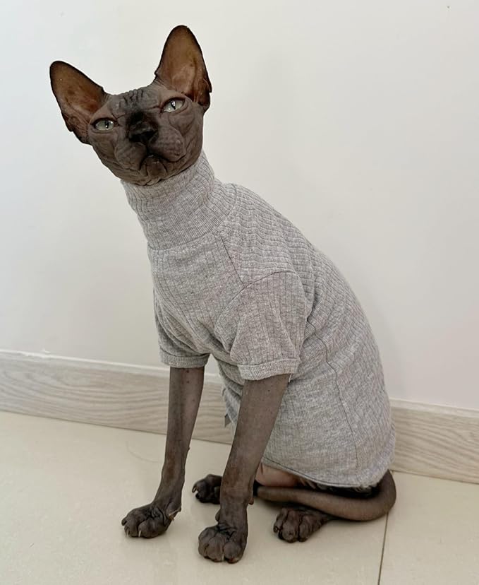 Sphynx Hairless Cats Shirt Cotton Cat Turtleneck Sweater Pullover Kitten T-Shirts with Sleeves Cat Pajamas Jumpsuit for Sphynx Cornish Rex, Devon Rex, Peterbald (XX-Large (Pack of 1), Light Grey)