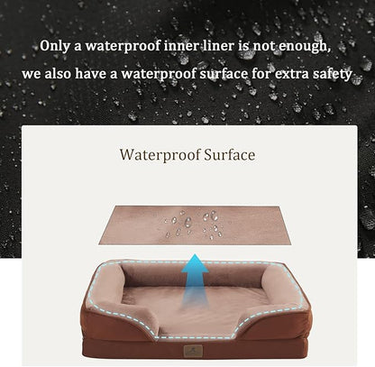 Bedfolks Orthopedic Dog Bed, Big Waterproof Dog Sofa Bed for Large Dogs, Egg Foam Pet Couch Bed with Removable Washable Cover and Nonslip Bottom, Brown