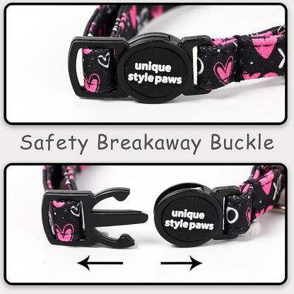 Unique style paws 2 Pack Valentine Kitten Collar Breakaway with Bell&Pendant, Adjustable Safety BlackBerry Pink Love Heart Cat Cotton Collar for Girl Boy Cat and Small Pet