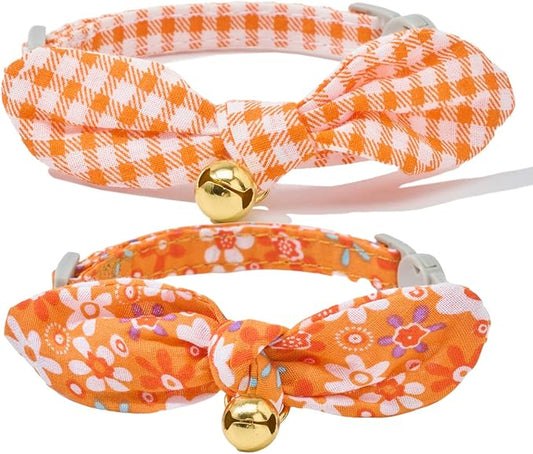 2 Pack Cotton Cat Collar, Removable Bowtie, Floral Pattern, Safety Breakaway Clasp, Adjustable for Cats.(Adult Cat, Orange Plaid and Floral)