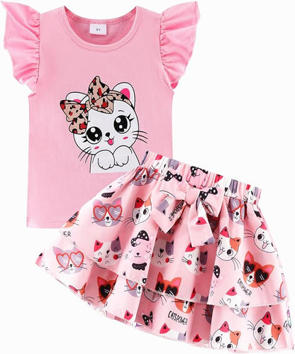 Girls Skirt Set 2 Piece Outfit Toddler Summer Clothes Ruffle Sleeve T-Shirt Bow Knot Tutu Skirt Outfit Set