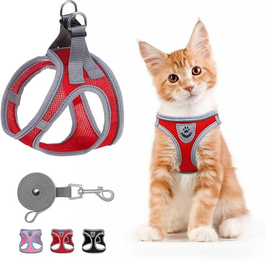 SCENEREAL Cat Harness and Leash Set Escape Proof, Adjustable Soft Air Mesh Kitten Harnesses for Girls Boys Small Medium Big Cats, Reflective Light Travel Pet Walking Vest for Puppy Rabbit, Red S