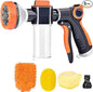 Garden Hose Nozzle, 8 Spray Patterns Dog Wash with Soap Dispenser, Pressure Hand Sprayer with Flow Control for Watering Plants & Lawns, with Pet bathing tools and car washing gloves