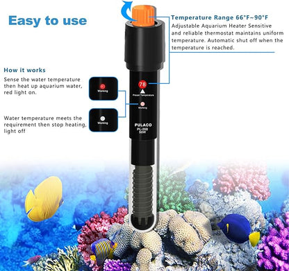 PULACO 50Watt Aquarium Heater for 6-15 Gallon Fish Tank, Adjustable Submersible Heater Thermostat with Thermometer Strip and Suction Cup