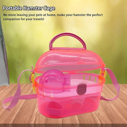 kathson Portable Hamster Cage Dwarf Hamster Carry Case Syrian Hamster Carry Travel Cage with House Food Bowl Adjustable Strap Pet Outgoing Cages Carrier for Small Hamster Young Guinea Pig Pink