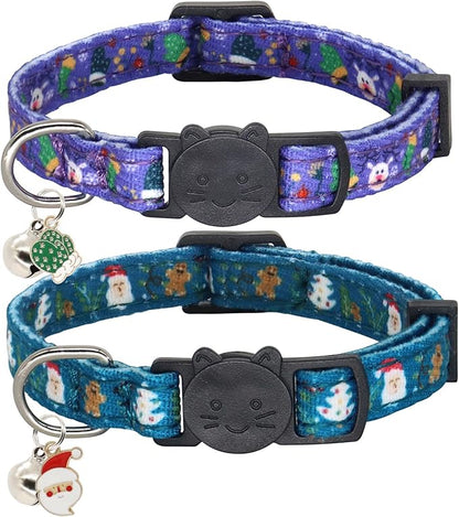Christmas Cat Collar, Cotton 2 Pack Cat Collar with Bells, Breakaway Collars for Girl Boy Kittens, Santa