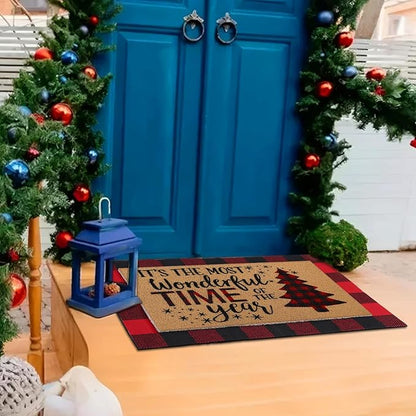 Tinideya 2 Pcs Door Mat Welcome Non Slip Coir Mats Floor Layering Doormats Seasonal for Front Porch Entryway Decor(Christmas Tree)