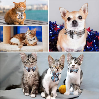 Cat Collar with Bells Breakaway, Shirt Cat Collar for Girl Boy Cats with Removable Bow Tie Collar, 2 Pack Cute Plaid Kitten Collar Bowtie for Female Male Puppy Pets Safety Adjustable