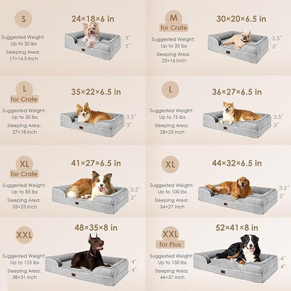 EHEYCIGA Orthopedic Dog Beds for Large Dogs, Waterproof Memory Foam Large Pet Bed with Sides, Non-Slip Bottom and Egg-Crate Foam Dog Couch Bed with Washable Removable Cover, Grey