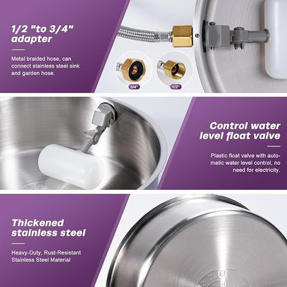 6L Automatic Dog Water Bowl Dispenser Outdoor Stainless Steel Pet Waterer Self Filling Waterer for Large Dog Cat Chicken Duck Goat