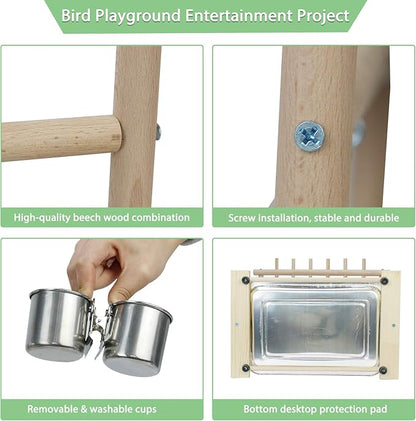 Parrot Playstand Bird Playground Birdcage Wood Perch Stand Ladder Swing with with Feeder Cups Birds Play Gym Cockatiel Playground Include Hanging Bell Swing Ladders