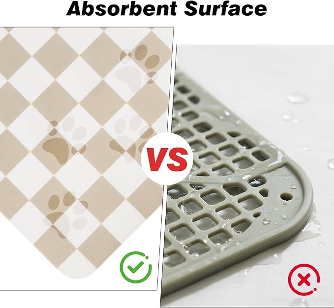 Checkered Dog Food Mat, Absorbent Leak-Proof Pet Feeding Mat, Quick Dry Cat Food Mat for Messy Drinkers 12" x 20" Khaki