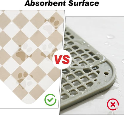 Checkered Dog Food Mat, Absorbent Leak-Proof Pet Feeding Mat, Quick Dry Cat Food Mat for Messy Drinkers 16" x 24" Khaki