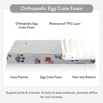 Waterproof Orthopedic Dog Bed for Large Medium Sized Dogs 35x22 Inch - Egg Crate Foam Pet Crate Bed with Removable Washable Cover, Plush Top Anti-Slip Bed Mat, Light Grey