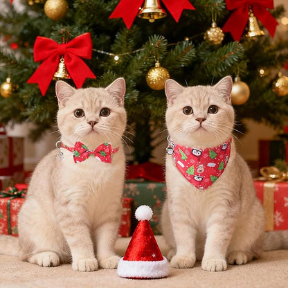 SCENEREAL Christmas Cat Bandana Collar with Bell Bowtie - 2 Pack Breakaway Kitten Collars, Adjustable Cute Pet Accessories for Cats and Small Dogs