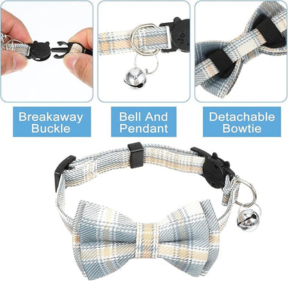 3pcs Bow Tie Cat Collar with Bells, Breakaway Bowtie Plaid Cat Collar, Soft Adjustable Bow Cats Collars for Kitten Puppy and Small Pets