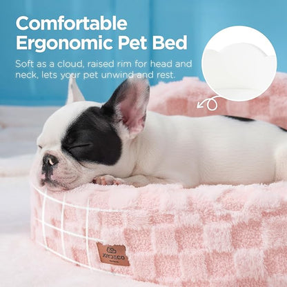 Joydeco Cloud Dog Bed for Small Dogs & Cats, Washable Pet Bed with Orthopedic Foam and Removable Checkered Plush Pad, Non-Slip Bottom for Indoor Puppies and Kittens, 22x20 Inch, Pink
