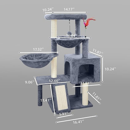 Cat Tree with Cat Condo and Two Hammocks, Cat Tree with Scratching Posts and Scratching Pads, Cat Tower for Indoor Cats, Activity Centre Climbing Tree with Playful Toy Balls, Grey