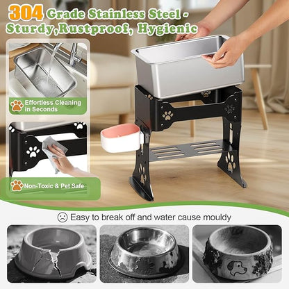 3 Gallon Elevated Large Dog Water Bowl, 3 Height Adjustable Stainless Steel Raised Dog Water Bowl Stand for Large Breed, Metal Pet Bowl Stand for Relief Joint Pressure, Easy Clean (Black)