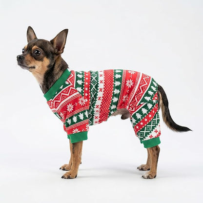 Fitwarm Dog Christmas Outfit, Holiday Pet Clothes for Small Dogs Boy Girl, Festive Pajamas with Feet, Puppy Onesie, Red, Green, XS