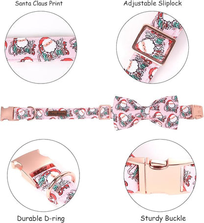 Christmas Dog Collar, Pink Christmas Santa Claus Dog Collar Bow Tie Pet Collars with Bow Adjustable Pet Collars with Premium Metal Buckle Dogs Necklace for X-Large Girl Dogs