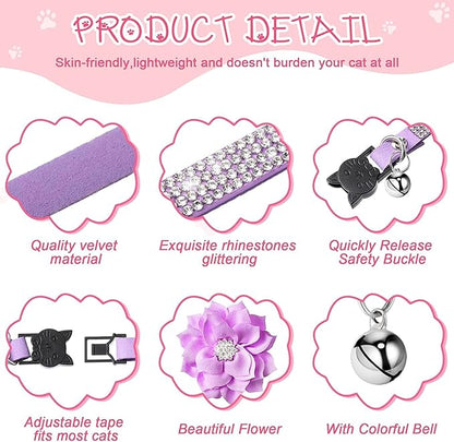 Cat Collars,Rhinestone for Girl Cats Bling Kitten Flower Adjustable Breakaway Collar with Bell Soft Velvet Leather Collar for Puppy Small Dogs (Red1)
