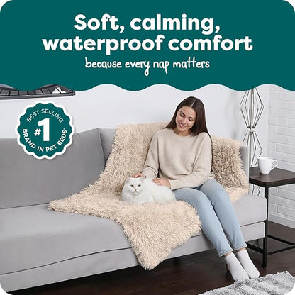 Furhaven Waterproof Throw Blanket for Dogs & Indoor Cats, Washable - Shaggy Plush Calming Long Faux Fur & Velvet Dog Blanket - Taupe, Large