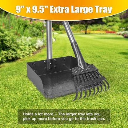 TOOGE Larger Pooper Scooper for Large Dogs, Dog Pooper Scooper for Large Medium Small Dogs Long Handle Stainless Metal Tray and Rake Set Heavy Duty