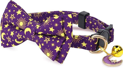 2 Pack Cotton Cat Collar with Bow Tie and Bell for Girl Boy Cats,Cute Pink Flamingo and Blue Whale Pattern Spring Summer Breakaway Cat Collar for Male Female Cats (Moon)