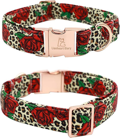 Lionheart Glory Dog Collar, Red Rose Dog Collar with Flower, Cute Floral Pattern Pet Collar Adjustable Dog Collar for Large Dogs