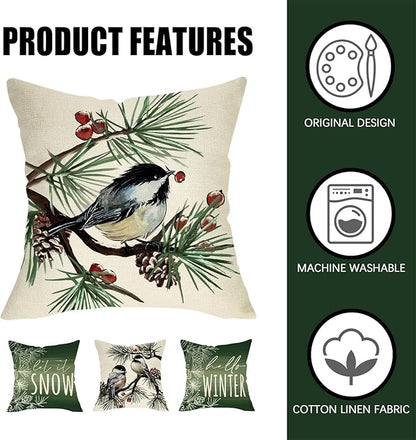 Fahrendom Hello Winter Green Decorative Throw Pillow Covers 20 x 20 Set of 4, Chickadee Pine Needle Branch Porch Patio Outdoor Pillowcase, Christmas Pine Cone Red Berry Sofa Cushion Case Home Decor