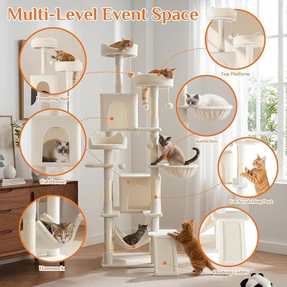 Large Cat Tree 75 Inch, Multi-Level Tall Cat Tree Tower with Condo, Perches, Sisal Scratching Posts Board and Hammock, Pet Play House with Dangling Balls for Indoor Cats, Beige