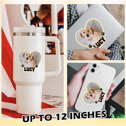 Custom Pet Photo Heart Sticker Personalized Pet Name Decal Cute Pawprint Design Waterproof Durable Vinyl for Laptops Water Bottles Cars Pets Owners Gift Animal Lover Customizable Dog Cat Portrait