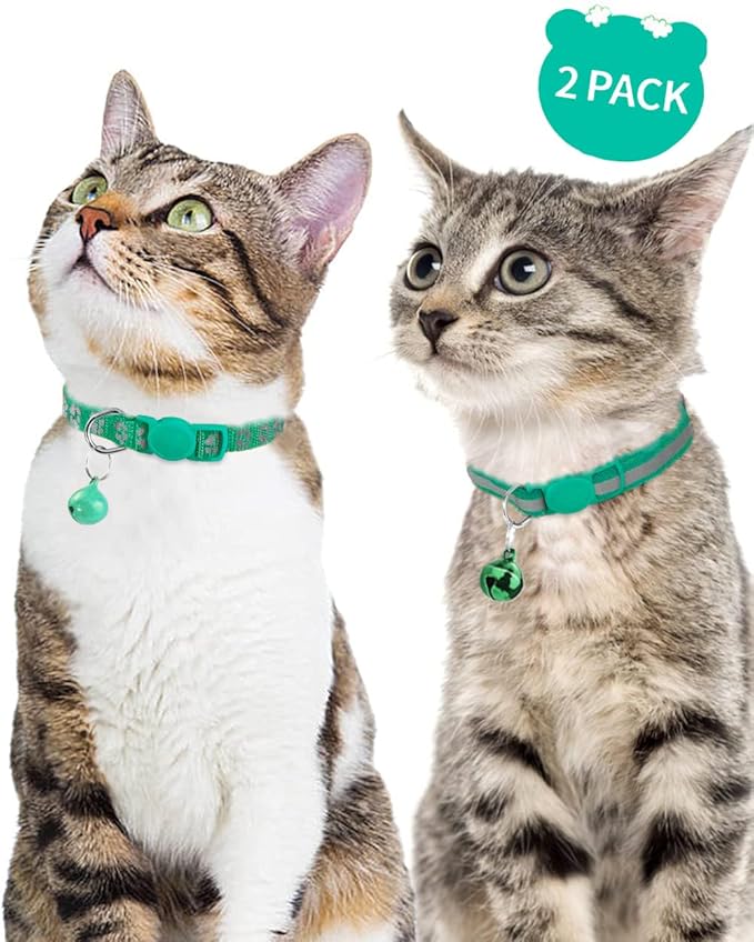 Taglory Reflective Cat Collar Breakaway with Bells, 2 Pack Girl Boy Pet Cat Collar Adjustable 7.5-12.5 Inch, Turquoise