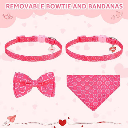 SCENEREAL Valentine's Day Cat Bandana Collars with Bell Bowtie - 2 Pack Breakaway Pink Kitten Collars, Adjustable Cute Love Heart Pet Accessories for Cats Small Dogs