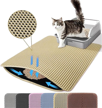 Small Cat Litter Mat, 20x14’’ Double Layer Honeycomb Cat Litter Box Mat, Non Slip Waterproof Urine Proof Litter Trapping Mat for Floor, Kitty Litter Pad, Indoor Pet Supplies, Beige