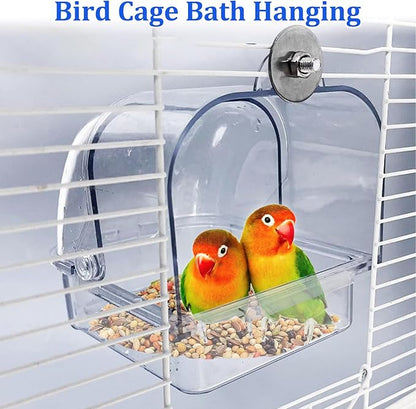 Tfwadmx Bird Cage Bath Hanging Parrot Bath Tub Water Shower Food Feeder Holder Tray Bird Bath Supplies for Small Birds Canary Budgies Cockatiel Lovebirds (Transparent)