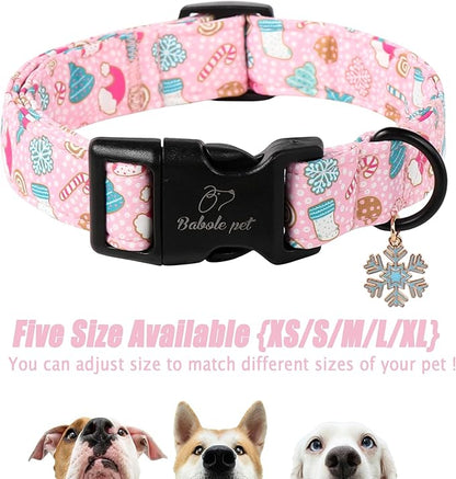 Christmas Dog Collar for Medium Dogs - Cute Snowflake Print Pink Christmas Collars for Dogs, Soft Adjustable Winter Holiday Dog Collars with Quick Release Buckle M