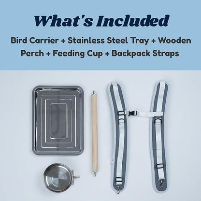 Birds Day Cockatoo Carrier Backpack-Parrot Travel Cage with Wooden Perch and Food Bowl, Stainless Steel Tray (Charcoal Gray, Cockatoo & Similar)
