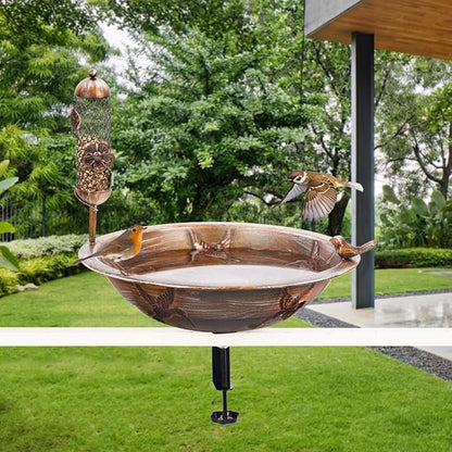 DREAMSOUL Deck Bird Bath with Feeder, 13" Bird Bath for Outside with Adjustable Sturdy Steel Clamp, Metal Birdbath Bowl for Railing Balcony Patio Decor