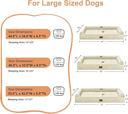 Large Dog Bed Orthopedic Washable: Jumbo Dog Bed Bolster Extra Large Dogs Egg Crate Foam Sofa Couch Waterproof Removable Cover - Beige