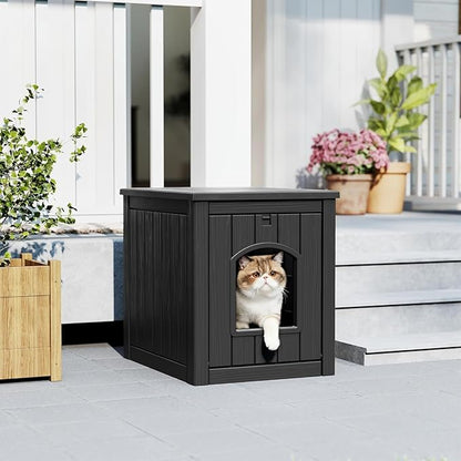 Cat Litter Box Enclosure, Hidden Litter Box with Openable Front Door, Outdoor Cat House Weatherproof, Side Table, Easy to Clean and Assembly, Dark Black