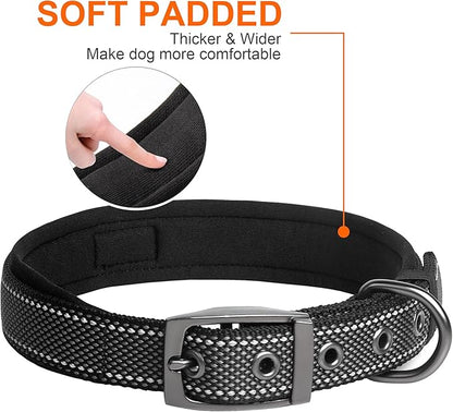 Fida Heavy Duty Dog Collar, Ultra Comfortable Soft Neoprene Padded, Adjustable Reflective Nylon Pet Collar with Durable Metal Belt Buckle for Medium Breeds (M, Black)