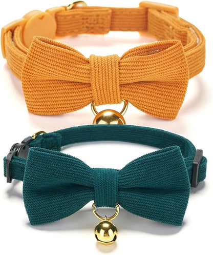 2 Pack Soft Corduroy Cat Collars with Bow Tie & Bell Adjustable Breakaway Bowtie Kitten Collar for Girl Boy Kittens(Orange & Dark Green)