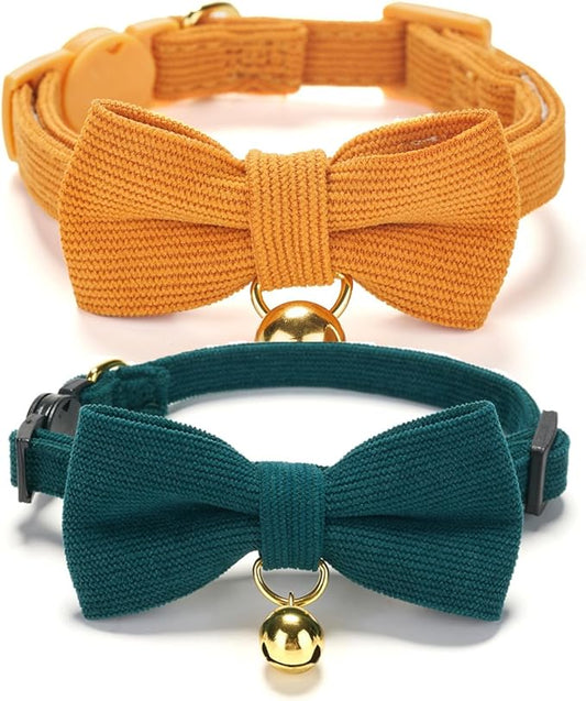 2 Pack Soft Corduroy Cat Collars with Bow Tie & Bell Adjustable Breakaway Bowtie Kitten Collar for Girl Boy Kittens(Orange & Dark Green)